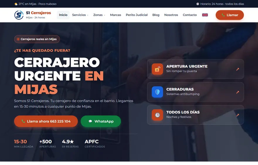 Portada de la web de S1 Cerrajeros: fondo oscuro con la foto de un cerrajero trabajando en una cerradura, el titular «Cerrajero urgente en Mijas» en mayúsculas y el menú con servicios y zonas.